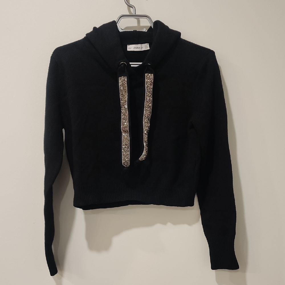 Zara Black Hoodie with Glitter Jewel Accents, Size S